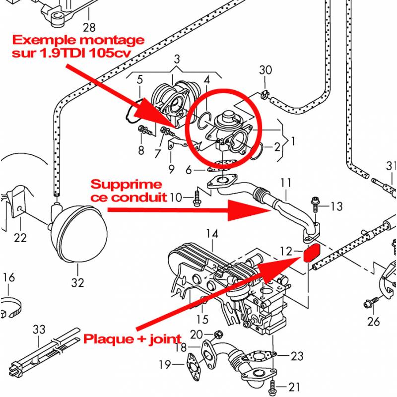 Kit suppression vanne EGR Moteur Volksvagen Audi Seat Skoda 2.0 TDI, ou  1.9TDI 105cv